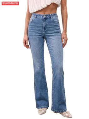 Knit Denim High Waisted Flare Jeans Stretchy Bell Bottom Pants